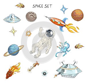 Drawing of colorful space objects: astronaut, alien, ufo, spaceship, comet, planets and stars.