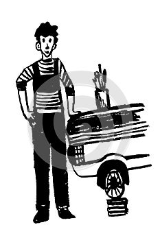 Drawing of a comic picture of a funny auto mechanic repairing an old car, a scetch, a hand-drawn vintage ink illust