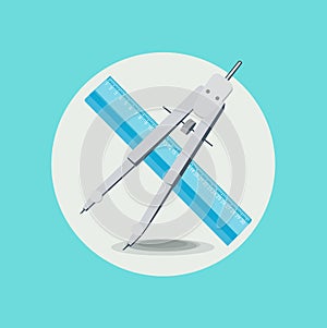 Drawing compass with measuring ruler flat design