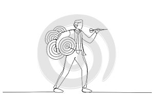Drawing of confident businessman carrying many dartboard target. Metaphor for handling multiple businesses simultaneously,