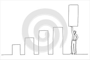 Drawing of confident businessman help lift up bar graph to new high level. Increase sales or revenue raising. Single line art