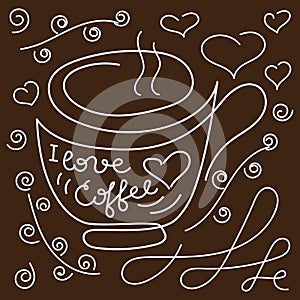 Drawing a continuous line, a Cup, the inscription I love coffee on a dark background. Vector
