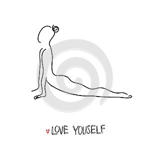 Drawing a continuous line. Yoga position on white isolated background. Linear style