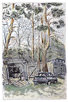 A drawing of the countryside. A car at the garage in nature.