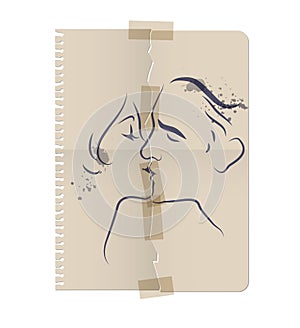 Drawing of a couple kissing on a sheet of torn paper and taped with tape.