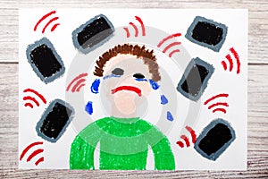 Drawing: Crying boy surrounded by phones or tablets. Danger of social media