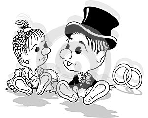 Drawing of a Cute Bride and Groom Sitting on the Ground