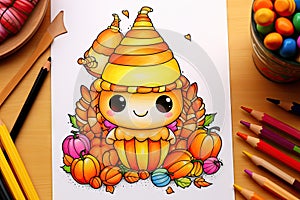 a drawing of a cute little bee sitting on a pile of pumpkins. generative ai