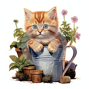 Drawing of a cute little kitten in a geranium pot