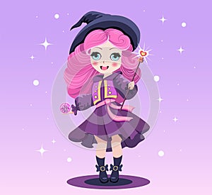 Drawing of a cute little witch with blue hair and in purple dress and hat. Magical character of Halloween in cartoon style.