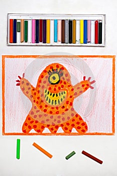 Drawing: Cute orange monster with one eye