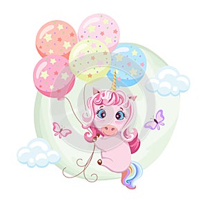 Drawing of a cute pink baby unicorn flying on balloons background of sky, clouds, and butterflies.