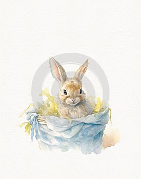 Drawing of a cute rabbit, blue color, summer adventures of a rabbit