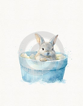 Drawing of a cute rabbit, blue color, summer adventures of a rabbit