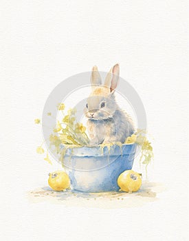 Drawing of a cute rabbit, yellow color, summer adventures of a rabbit