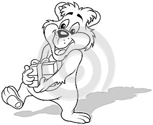 Drawing of a Cute Smiling Teddy Bear Holding a Gift in his Paws