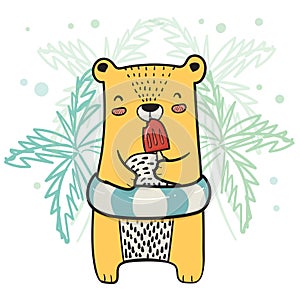 drawing cute yellow bear with life ring having strawberry Popsicle Ice cream in Summer time