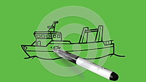 Drawing a decent ancient boat with black and blue colour combination on abstract green background