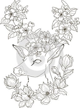 Drawing deer with magnolia and apple blossom in zentangle style for adult coloring pages