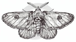 The drawing depicts a butterfly outlined with rimstone in a vintage style. It is a hand-drawn insect in retro style. The
