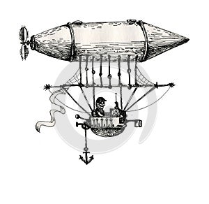 Vintage airship in steam punk style. Symbol of flight. Ink drawing. photo