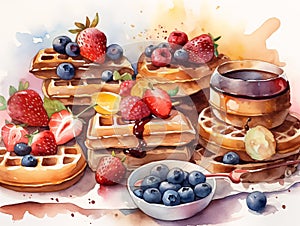 Drawing of desserts of waffles and pancakes with jam and honey in the style of watercolor painting. AI generated