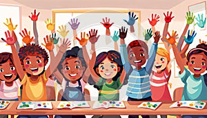 Drawing of a diverse group of children holding up their colorfully painted hands