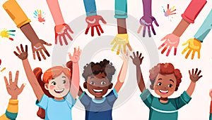 Drawing of a diverse group of children holding up their colorfully painted hands