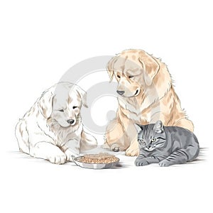 a drawing of a dog and a cat eating from a bowl