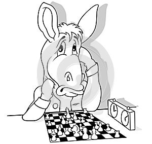 Drawing of a Donkey Thinking over a Game of Chess