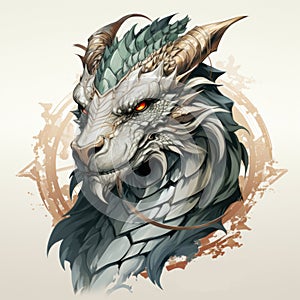 A drawing of a dragon's head with horns