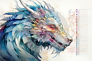 A drawing of a dragon's head with watercolors. Generative AI image.