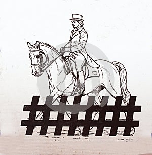 Drawing of a dressage horse and rider in uniform during equestrian event