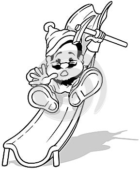 Drawing of a Dwarf with a Pickax in his Hand on a Slide