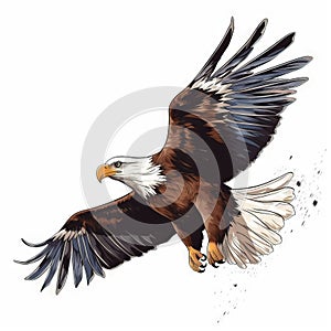 a drawing of an eagle flying in the air with its wings spread out and talons extended, with a white back ground and a white