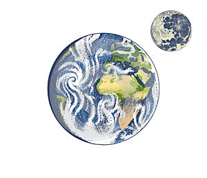 A Drawing Of The Earth And The Moon On A White Background. Astronomical galaxy space. Engraved hand drawn planet in old