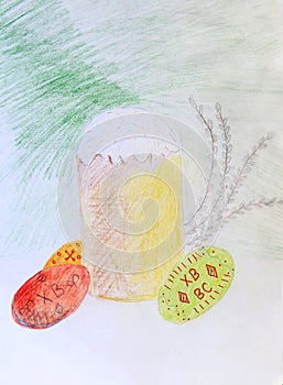 Drawing of Easter still life Easter bread and eggs