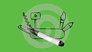 Drawing electronic device in black and blue colour combination on plain green screen background