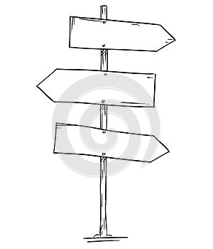 Drawing of Empty Old Wooden Road Three Directional Arrow Sign