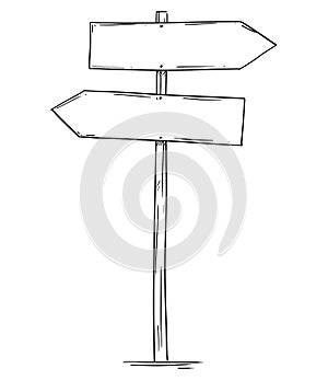 Drawing of Empty Old Wooden Road Two Directions Arrow Sign