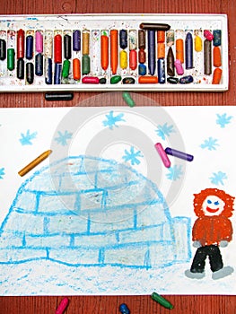 Drawing: Eskimo with his igloo