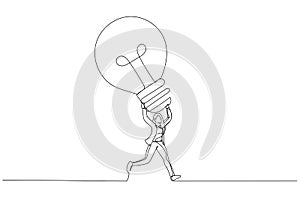 Drawing of excited businesswoman carrying big lightbulb idea running to invent new product. Big idea. Single line art style