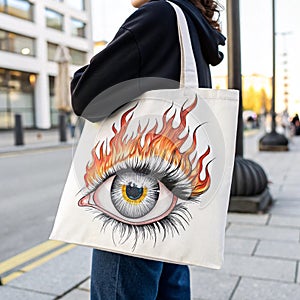 Drawing of an eye with fire on it