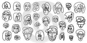 drawing of faces , Continuous line - vector design element set