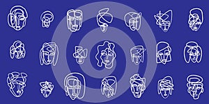 drawing of faces , Continuous line - vector design element set