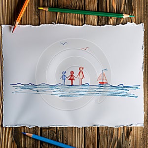 A drawing of a family on a beach with a man holding hands with two children