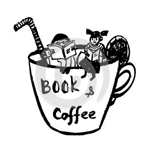 Drawing of a fantastic picture, little girl and boy reading books sitting in a coffee cup, hand-drawn comic vector illustr