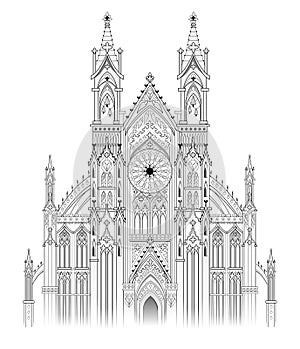 Drawing of fantasy castle. Gothic architectural style. Medieval architecture in Western Europe. Black and white page for coloring