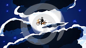 Drawing Of Fantasy Moon Night, With Cloudscape, And Fantasy Motorbike Riding , In The Sky. This Is Hand-drawing Illustration.