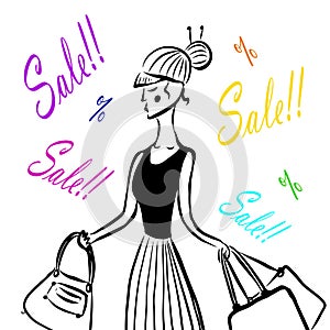 Drawing of a fashion girl in a black T-shirt and a skirt comes with packages with a sale in the store, a sketch,